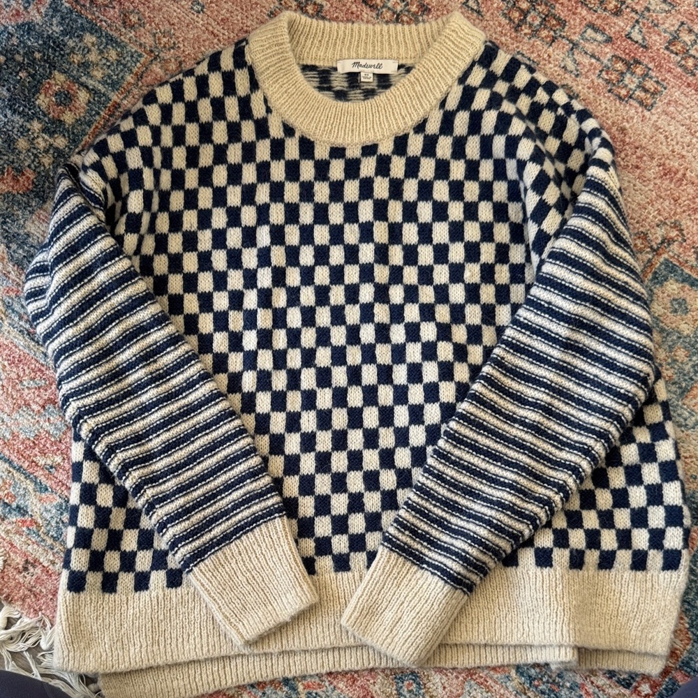Madewell Navy and Cream Checkered Crewneck Sweater